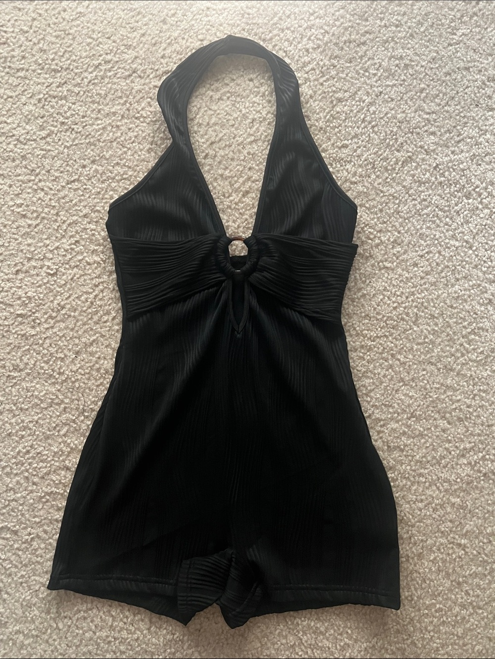 Sexy Black Halter Ring-Front Romper Jumpsuit